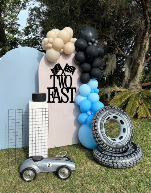 Car prop, tyres, black mesh, tyre cake stand and traffic light